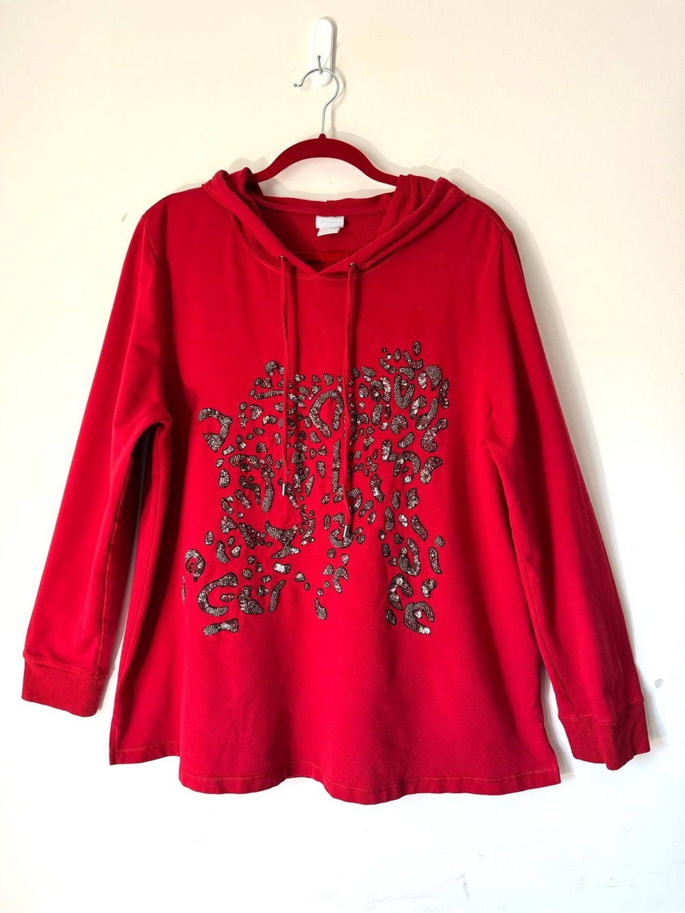 Chico's Zenergy Red Hooded Sweatshirt animal print sequin front design